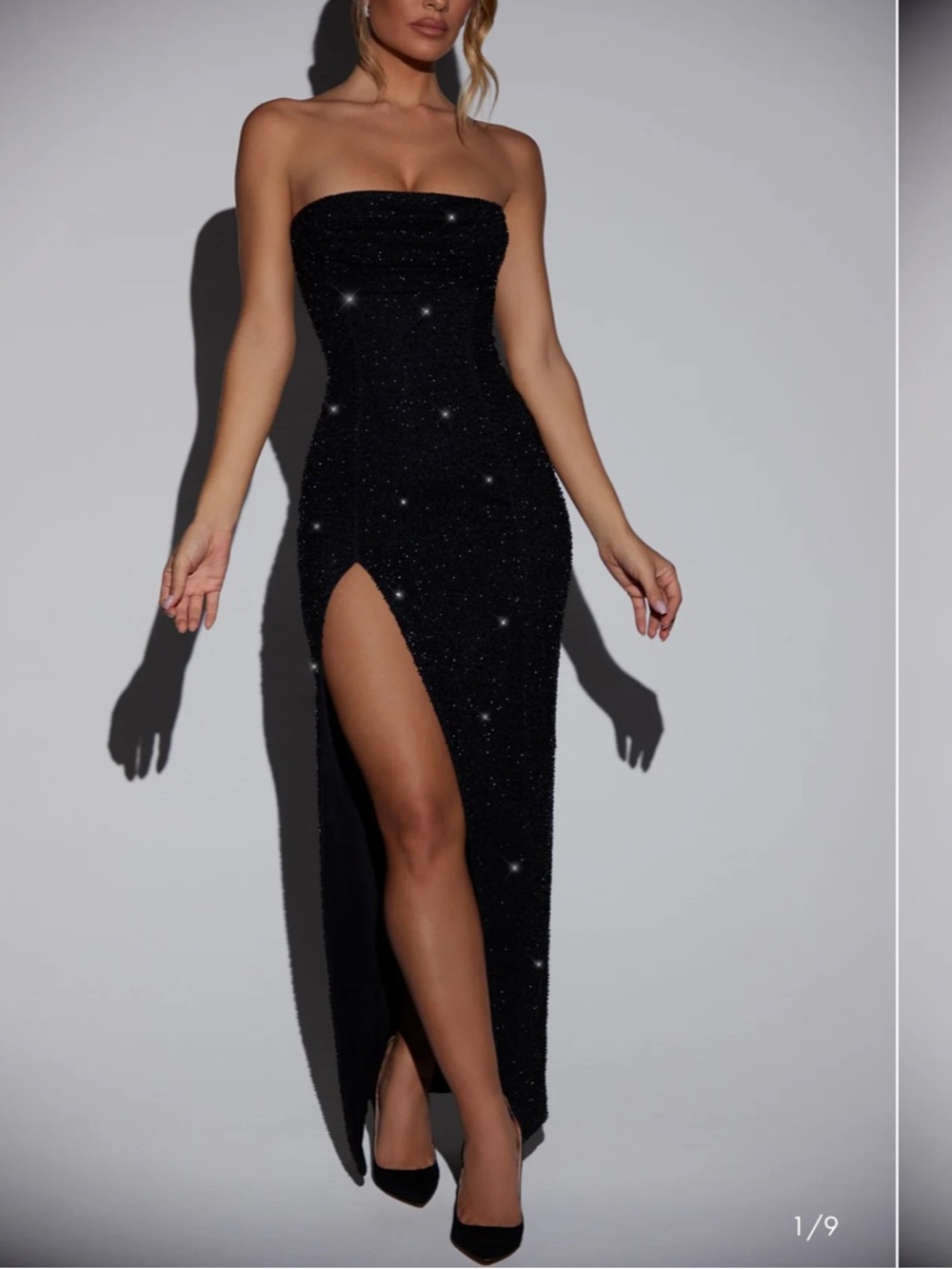 Oh Polly Strapless Black Sequin High-Slit Dress
